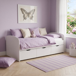 Lit banquette enfant blanc 3 tiroirs sur roulettes Comptine