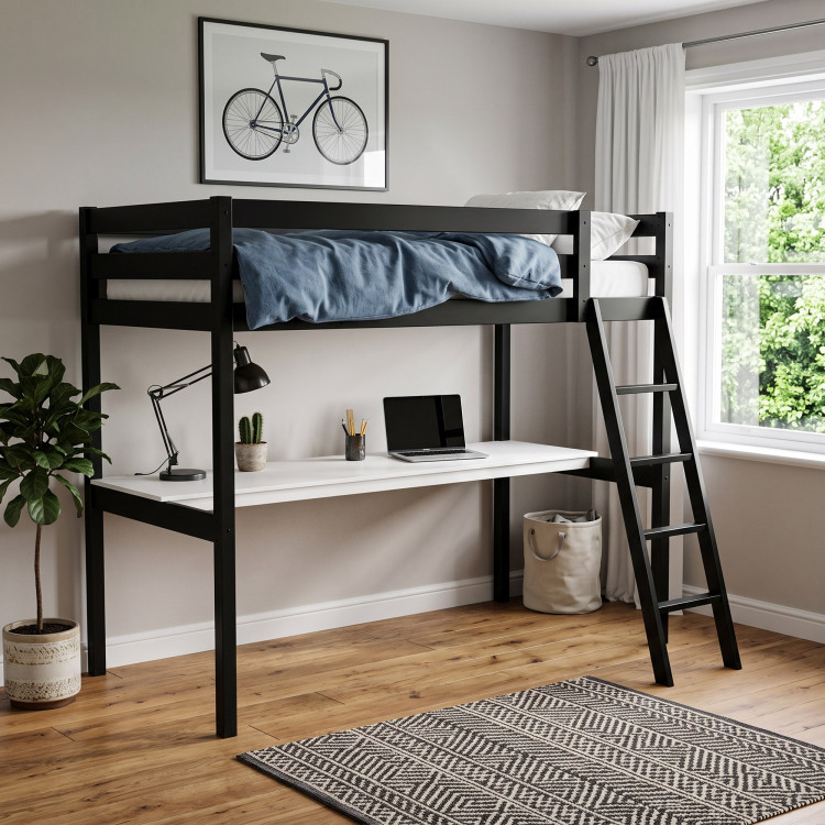Lit mezzanine enfant épicéa massif noir avec bureau Valentin