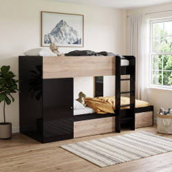 Lit superposé enfant noir et bois avec armoire et 2 tiroirs Tandem
