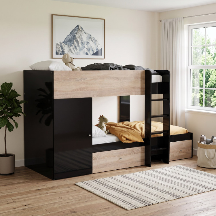 Lit superposé enfant noir et bois avec armoire et 2 tiroirs Tandem