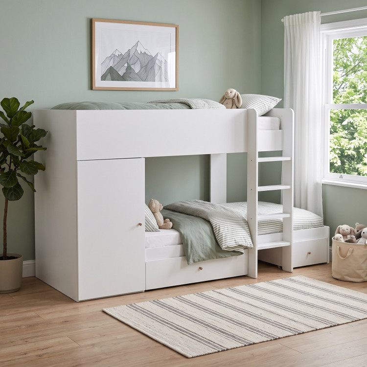 Lit superposé enfant blanc avec armoire et 2 tiroirs Tandem