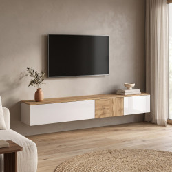 Meuble TV suspendu moderne blanc brillant/chêne wotan Isayane