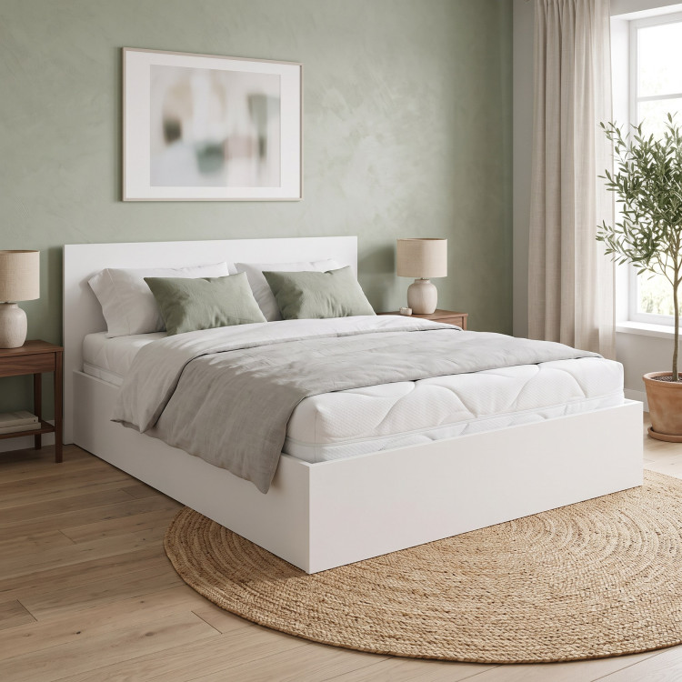 Lit coffre adulte contemporain blanc avec sommier Merlin