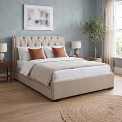 Lit capitonné 140x190 beige avec 4 tiroirs et sommier Boudoir