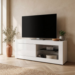 Meuble TV moderne 140 cm laqué blanc brillant Agathe