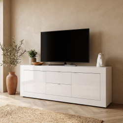 Meuble TV moderne 210 cm laqué blanc brillant Agathe