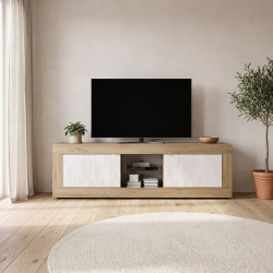 Meuble TV moderne 180 cm chêne mercure/blanc structuré Agathe