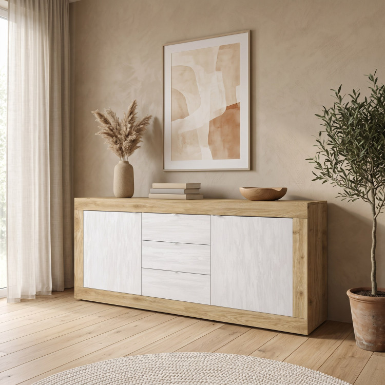 Buffet/bahut moderne 210 cm chêne cadiz/blanc structuré Agathe