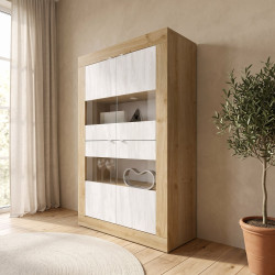 Vitrine moderne 101 cm chêne cadiz/blanc structuré Agathe