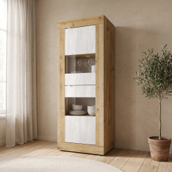Vitrine moderne 61 cm chêne cadiz/blanc structuré Agathe
