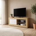 Meuble TV moderne 140 cm ch&ecirc;ne cadiz/blanc structur&eacute; Agathe