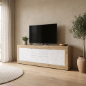 Meuble TV moderne 210 cm ch&ecirc;ne cadiz/blanc structur&eacute; Agathe