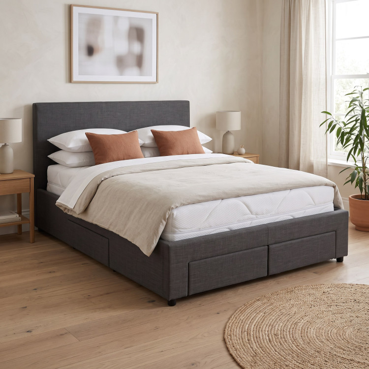 Lit avec 4 tiroirs en tissu gris foncé et sommier Ombrine