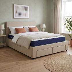 Lit avec 4 tiroirs en tissu beige et sommier Ombrine