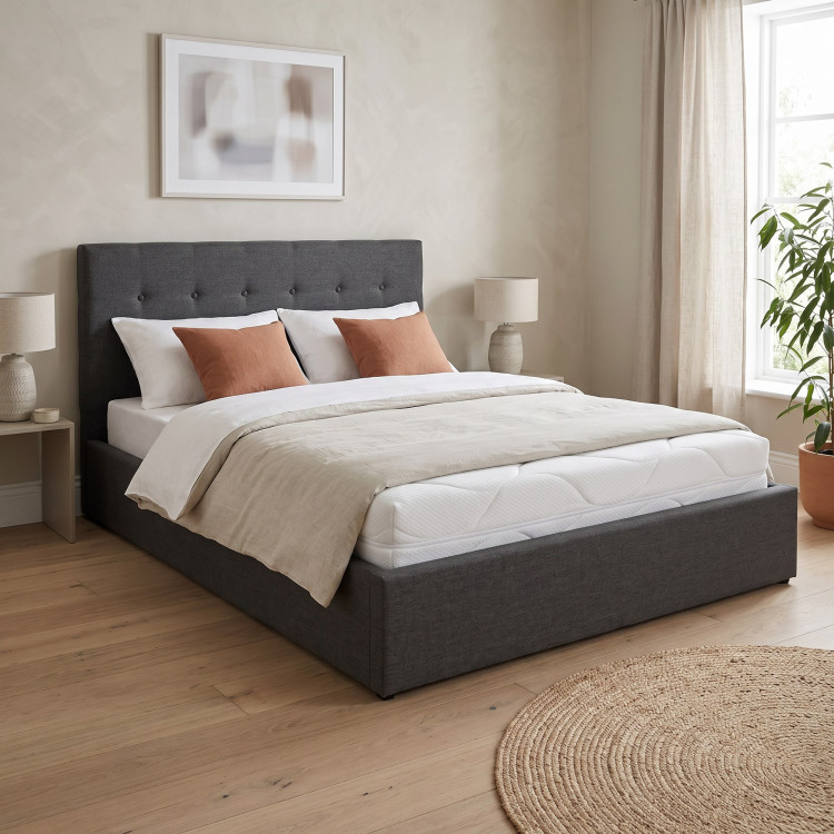 Lit coffre capitonné tissu gris foncé avec sommier Sérénade