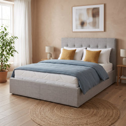 Lit coffre capitonné tissu gris clair avec sommier Sérénade