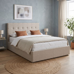 Lit coffre 140x190 capitonné tissu beige avec sommier Sérénade