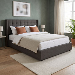 Lit coffre capitonné à oreilles tissu gris foncé avec sommier Écrin