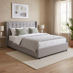 Lit coffre capitonné à oreilles tissu gris clair avec sommier Écrin