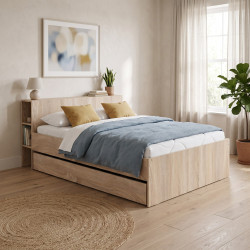 Lit 140x190 avec tête de lit étagère et 2 tiroirs chêne blanchi Linnéa