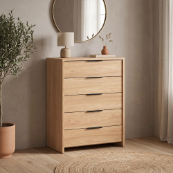 Commode contemporaine 5 tiroirs coloris acacia Gladys