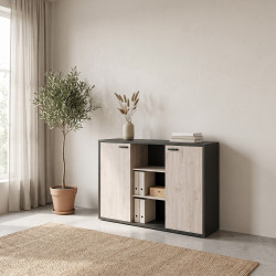 Armoire basse de bureau contemporaine 160 cm chêne/noir Salto