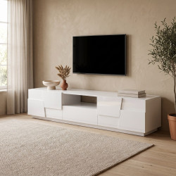 Meuble TV moderne 220 cm blanc brillant Pedro