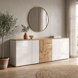 Buffet/bahut moderne 200 cm blanc brillant/chêne wotan Isayane