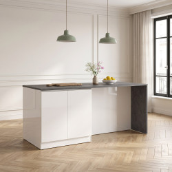 Îlot de cuisine moderne 4 portes blanc brillant/gris béton Solena
