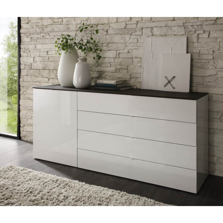 Meuble de rangement design 1 porte/4 tiroirs laqué blanc Louisa II