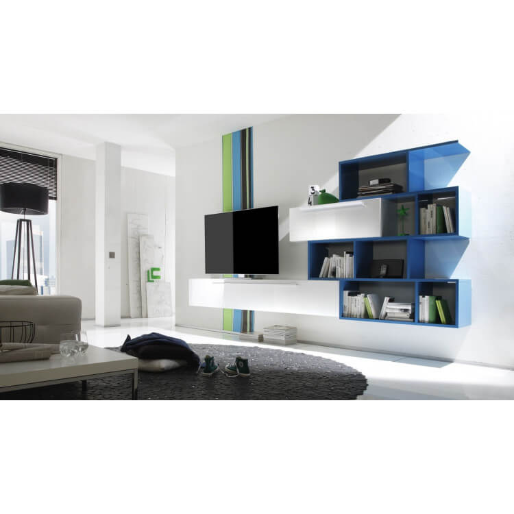 Composition TV murale design blanc laqué/turquoise Celeborn