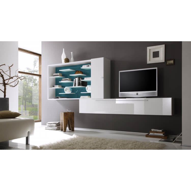 Composition TV murale design blanc laqué/turquoise Gibraltar