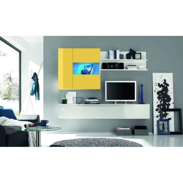 Composition TV murale design blanc laqué/jaune Yvonic