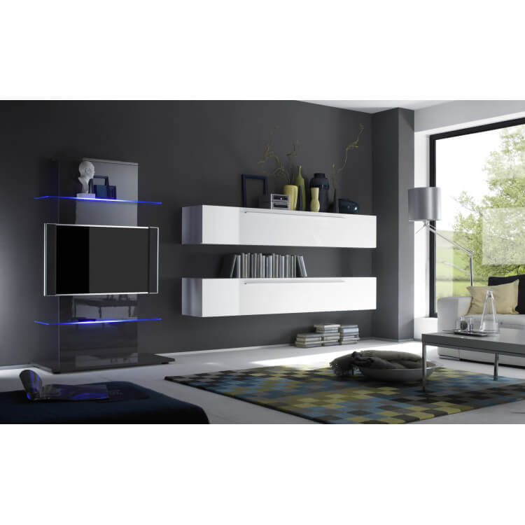 Ensemble TV design laqué blanc et noir avec éclairage Juliano