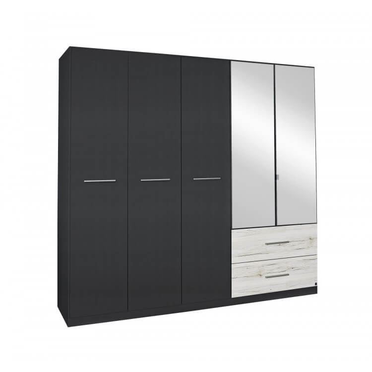 Armoire contemporaine 5 portes/2 tiroirs chêne clair/gris métallique Bagossa