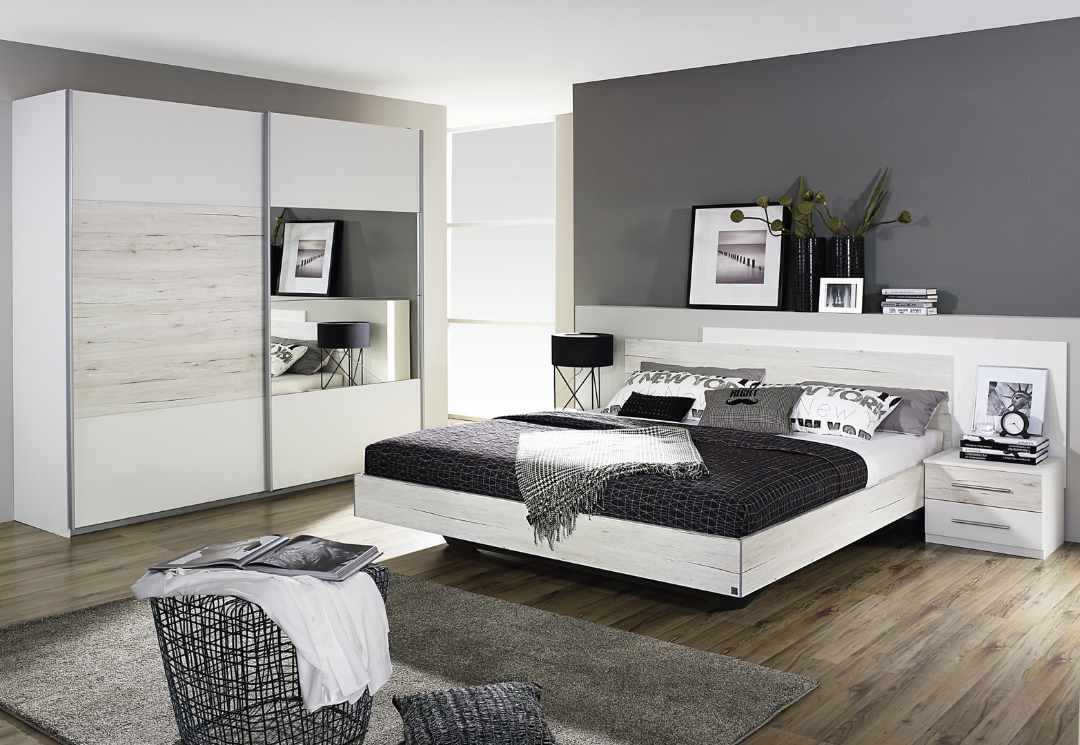 Chambre adulte contemporaine chêne clair/blanc Galva