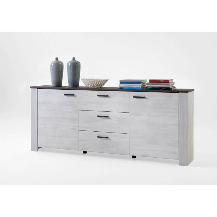 Buffet/bahut contemporain 2 portes/3 tiroirs 222 cm chêne clair/gris Marocco