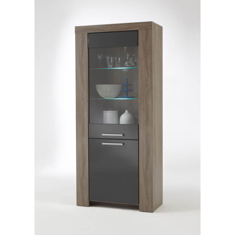 Vitrine contemporaine avec éclairage chêne truffe/gris laqué Loise Vitrine contemporaine avec éclairage chêne truffe/gris laqué Loise