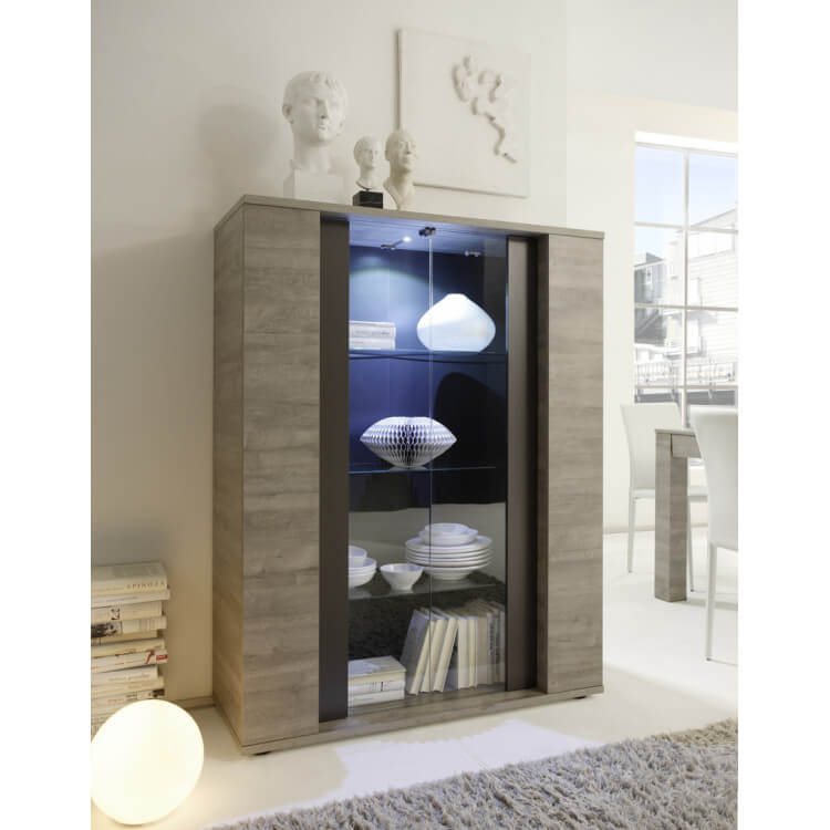 Vitrine contemporaine 2 portes avec éclairage chêne gris/gris mat Nessie
