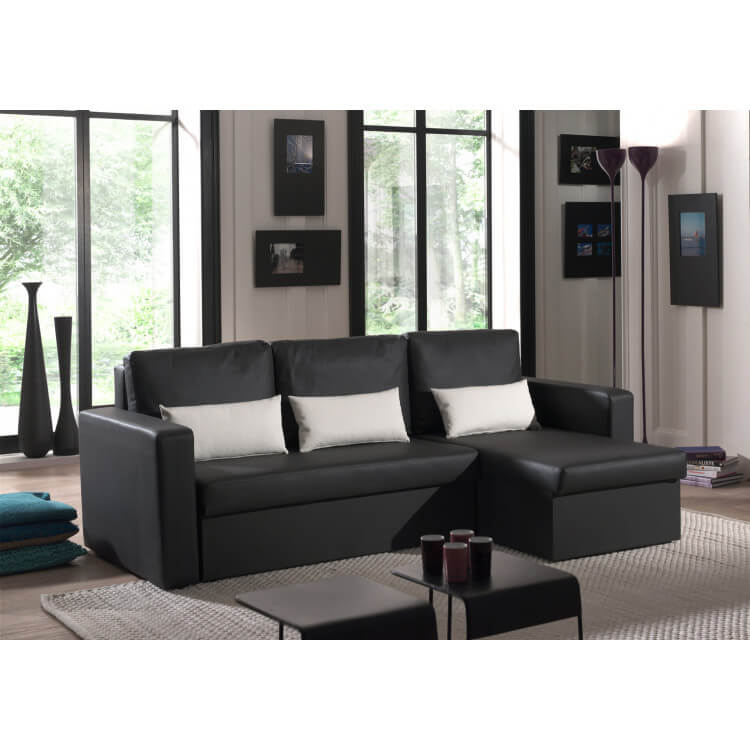 Canapé d'angle contemporain reversible convertible en PU noir/blanc Astérion