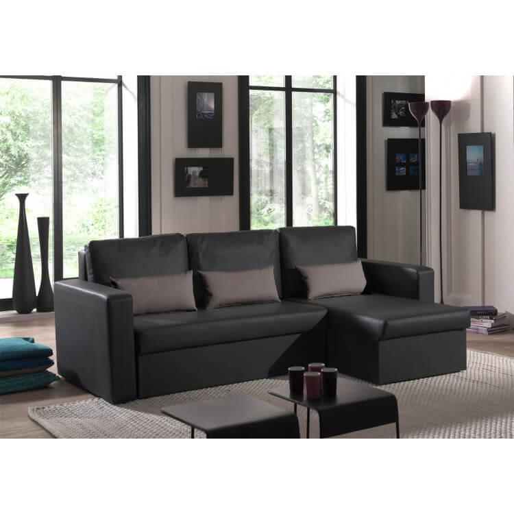 Canapé d'angle contemporain reversible convertible en PU noir/gris Astérion