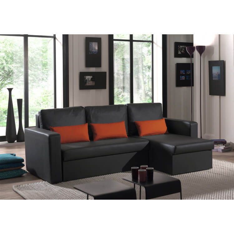 Canapé d'angle contemporain reversible convertible en PU noir/orange Astérion