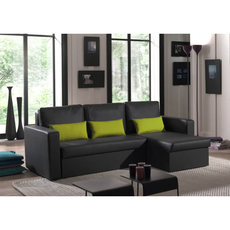 Canapé d'angle contemporain reversible convertible en PU noir/citron Astérion