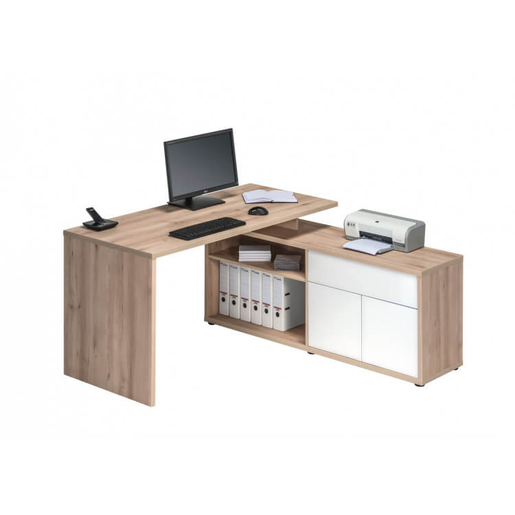 Bureau d'angle contemporain coloris hêtre/blanc brillant Azula