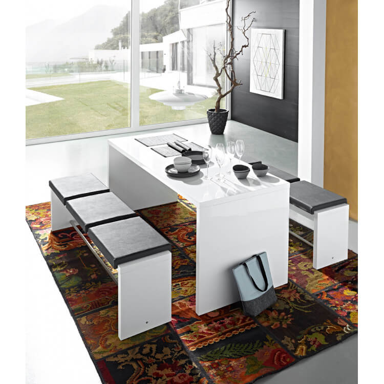 Ensemble table et bancs design blanc laqué Carioka II