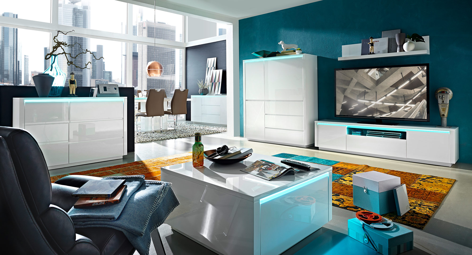 Meuble de rangement design avec éclairage laqué blanc Hidalgo