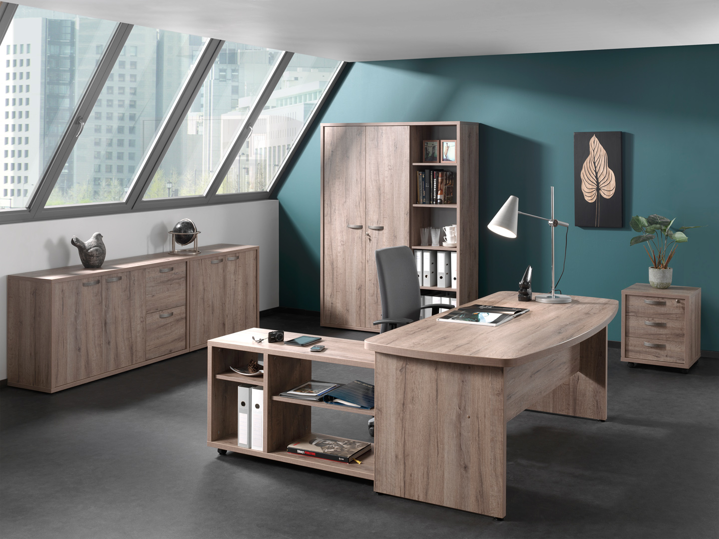 Armoire basse de bureau contemporaine 2 portes chêne canadien Angelika