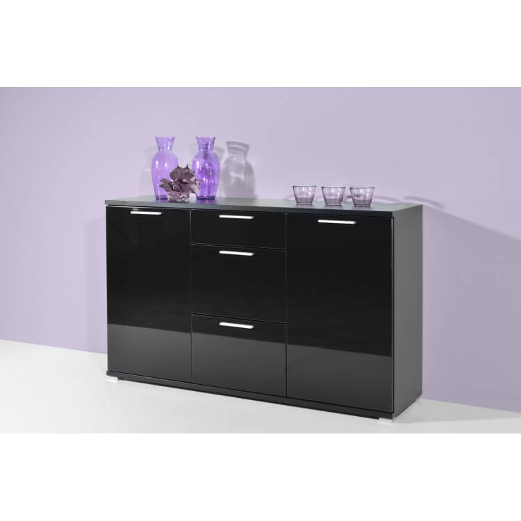 Buffet/bahut design 2 portes/3 tiroirs noir brillant Ameria