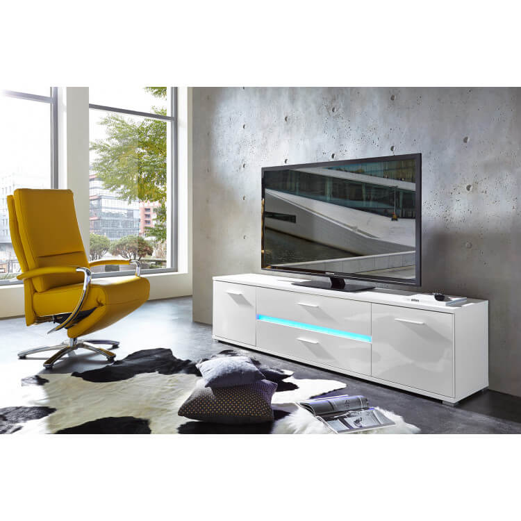 Meuble TV design 2 portes/2 tiroirs avec éclairage coloris blanc Melba