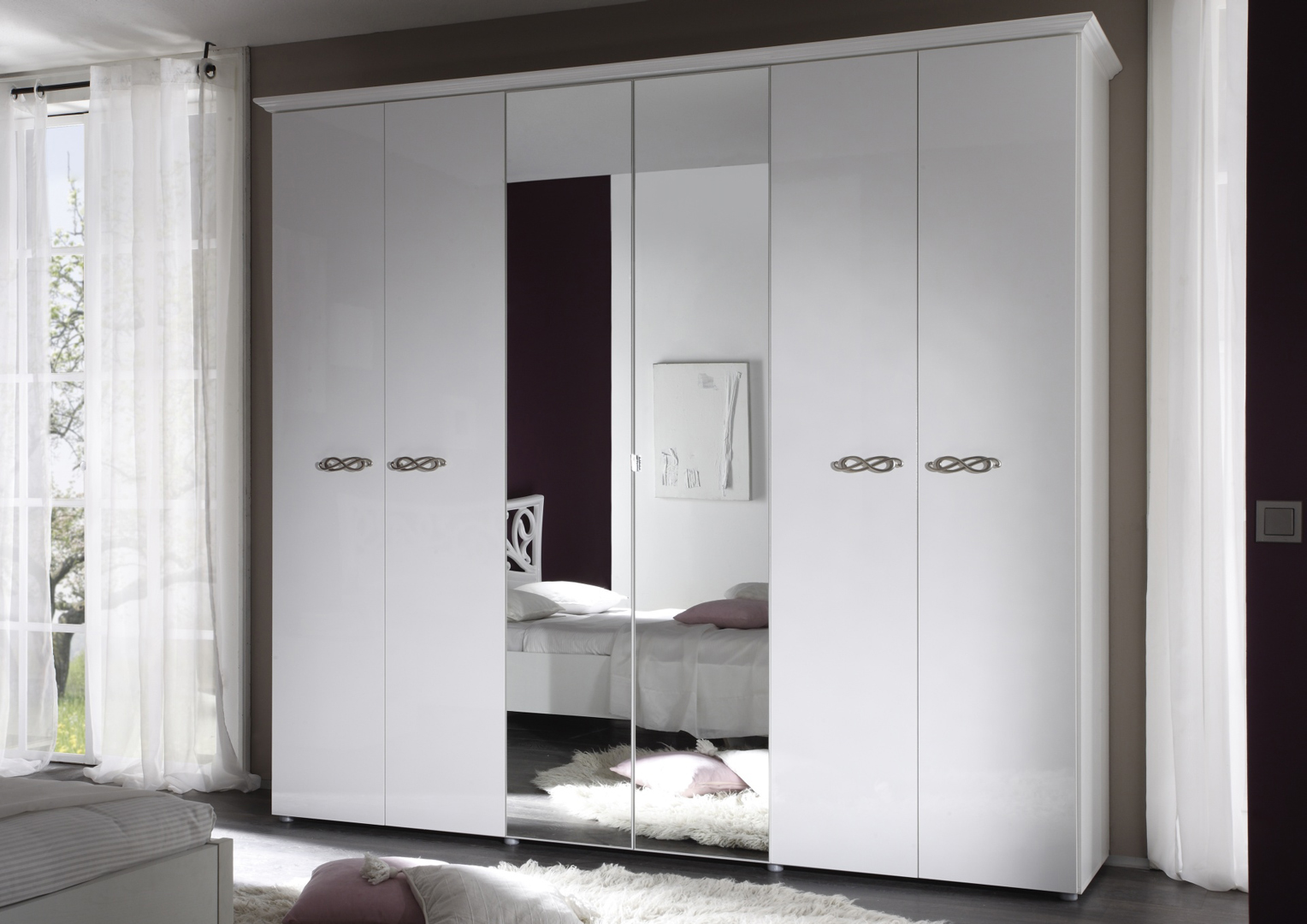 Armoire design 6 portes/2 miroirs laquée blanche Estelle Matelpro
